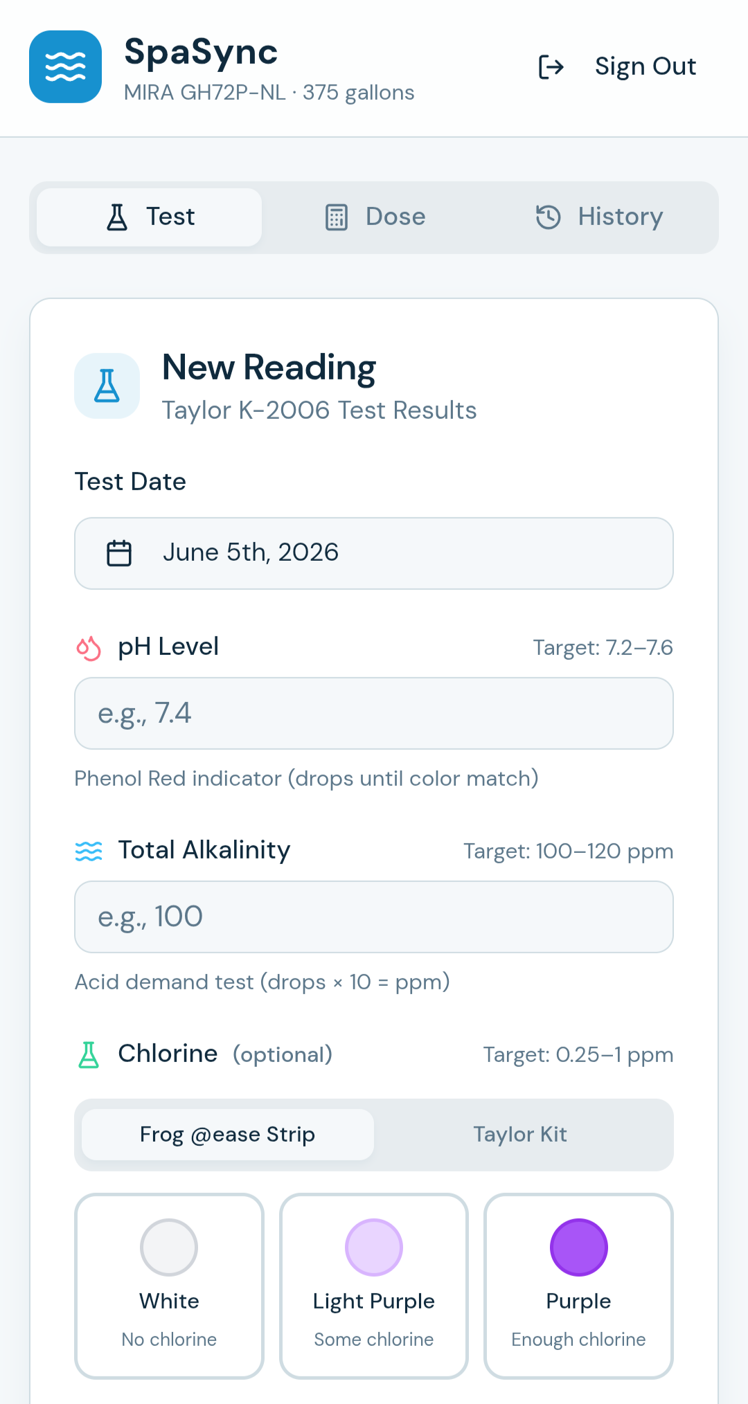 SpaSync — Test tab showing New Reading form with pH, alkalinity, and chlorine inputs